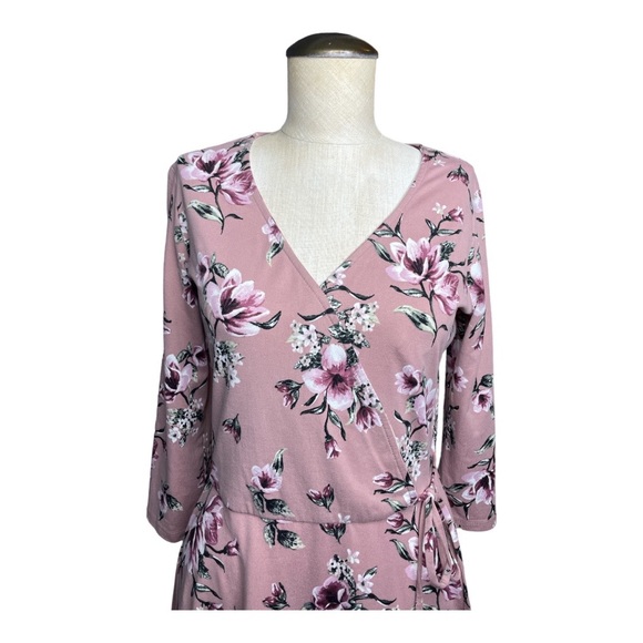 A. BYER MAUVE FLORAL LONG SLEEVE FAUX WRAP DRESS SIZE LARGE - Picture 2 of 12